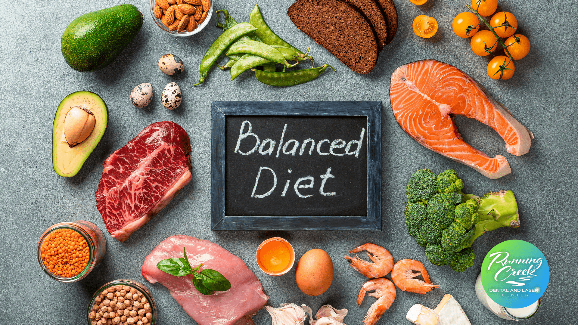 A balanced diet is written on a blackboard surrounded by different types of food.